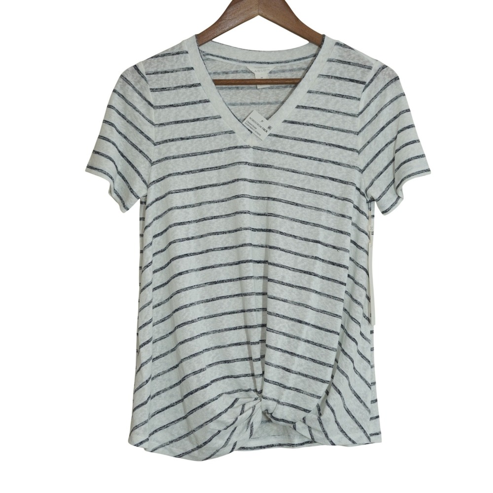 Caslon T-Shirt Women's Size Small Ivory Navy NWT Stripe Twist Front V-Neck
